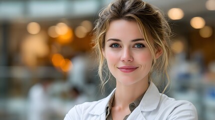 A confident young female doctor smiling in a white coat, embodying professionalism and trust in healthcare.