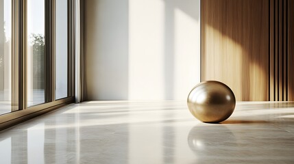 Polished gold sphere in a modern interior.