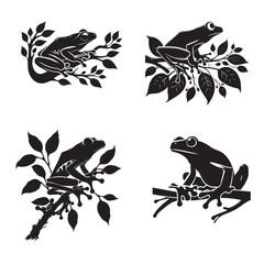 Tree Frog Silhouette Vector Set | 4 Frogs in Different Poses Isolated on White Background