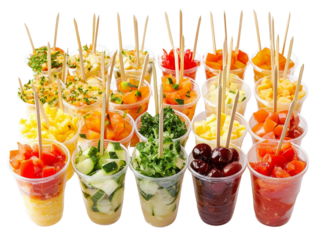 Vibrant assortment of colorful fruit and vegetable cups perfect for appetizers