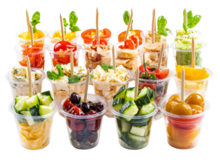 Variety of colorful appetizer cups on white background for catering event