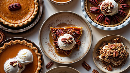 Fototapeta premium Assorted Thanksgiving Pies with Ice Cream and Pecans