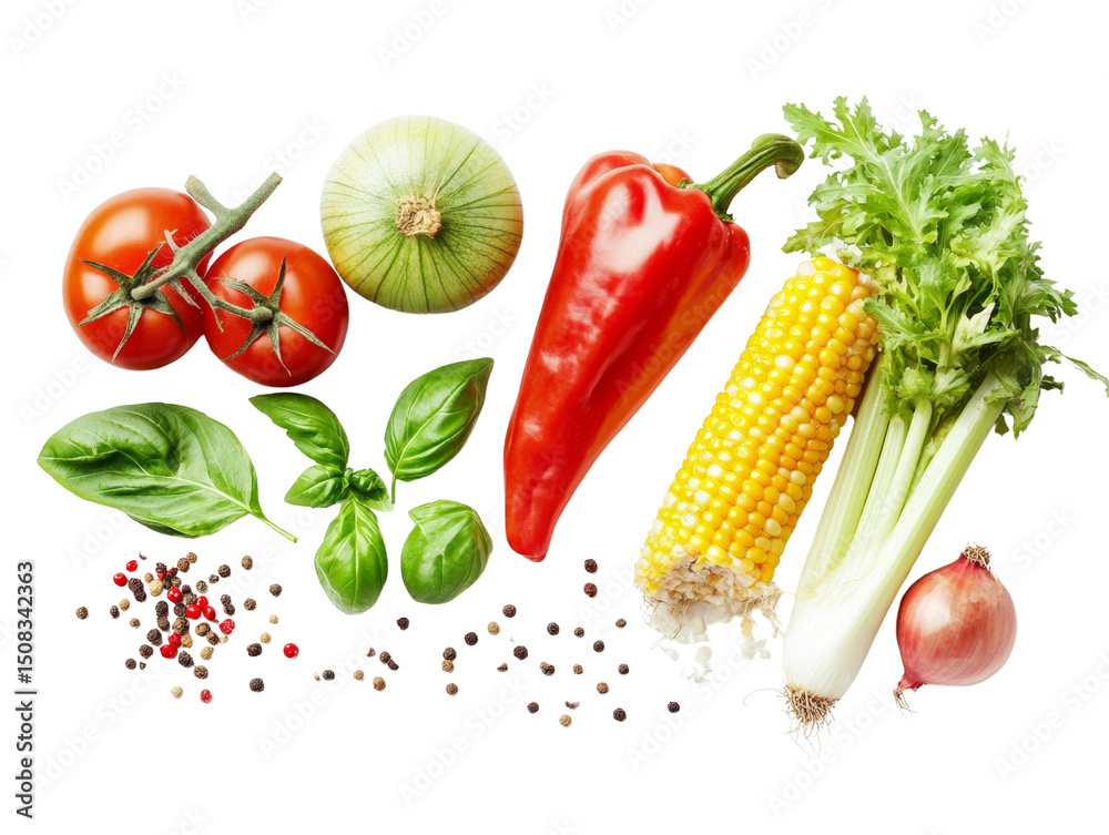 Aufkleber colorful array of fresh vegetables and herbs isolated on a white background