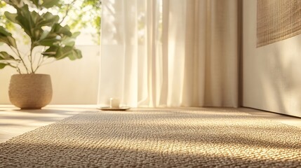 A neutral-toned rug with a textured weave in a sunlit room.