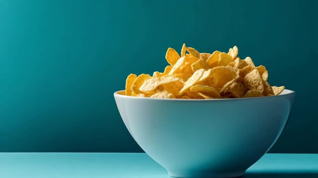 bowl with cornflakes and milk on the blue studio background