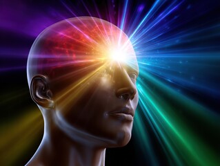A colorful abstract image of a human head radiating energy from the brain, symbolizing consciousness, ideas, enlightenment, and the power of thought. Background for science, technology, and psychology