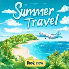 Tropical island paradise with airplane in the sky.