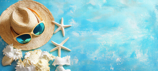 Vacation summer holiday travel tropical tourismus concept, ocean sea banner panorama greeting card - Close-up of straw hat, sunglasses, starfish and shells on blue table background, top view, flat lay