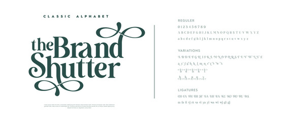 Luxury wedding alphabet letters font with tails. Typography elegant classic lettering serif fonts and number decorative vintage retro concept for logo branding. vector illustration