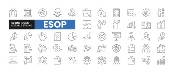 Set of 50 ESOP line icons set. ESOP outline icons with editable stroke collection. Includes Employee, Stock, Ownership, Plan, Management, and More.	