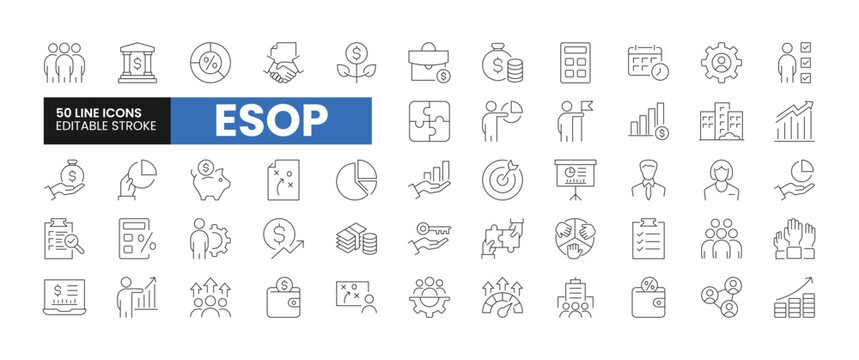 Set of 50 ESOP line icons set. ESOP outline icons with editable stroke collection. Includes Employee, Stock, Ownership, Plan, Management, and More.	