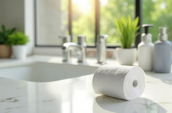 A white paper towel on a spotlessly clean marble countertop in a modern, sun-drenched bathroom.