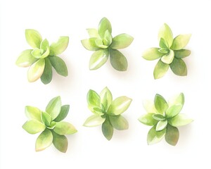 Watercolor Succulent Leaves: Six Scattered on White Surface