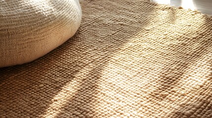 Woven beige rug with a light beige cushion.