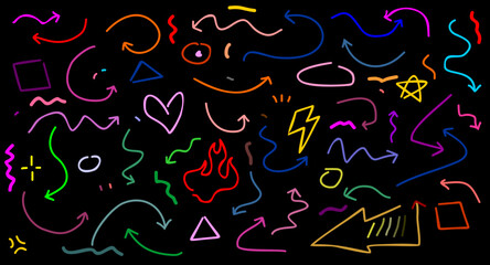 Colorful hand-drawn marker line elements set. Brush arrows, sketch pencil strokes, pen underlines, and scribble icons. Includes doodle-style hearts, crowns, and stars. Vector illustration.