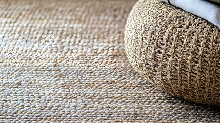 Close-up view of a beige woven rug and a textured pouf.