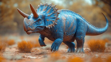 Fototapeta premium A triceratops moves gracefully through a lush, ancient terrain, surrounded by vivid foliage and glowing skies