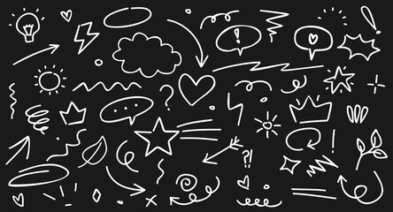 Hand-drawn marker line elements set. Brush arrows, sketch pencil strokes, pen underlines, and scribble icons. Includes doodle-style hearts, crowns, and stars. Vector illustration.