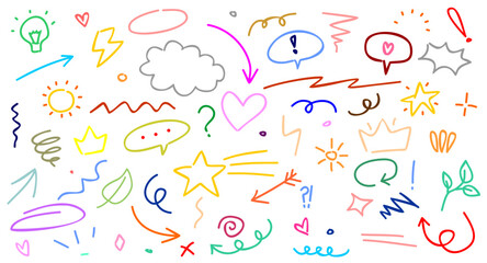 Colorful hand-drawn marker line elements set. Brush arrows, sketch pencil strokes, pen underlines, and scribble icons. Includes doodle-style hearts, crowns, and stars. Vector illustration.