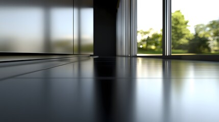 Modern interior space with reflective floor and windows.