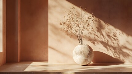 Light-filled interior scene with a vase and dried flowers.