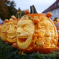 Elaborate pumpkin carvings with intricate faces.