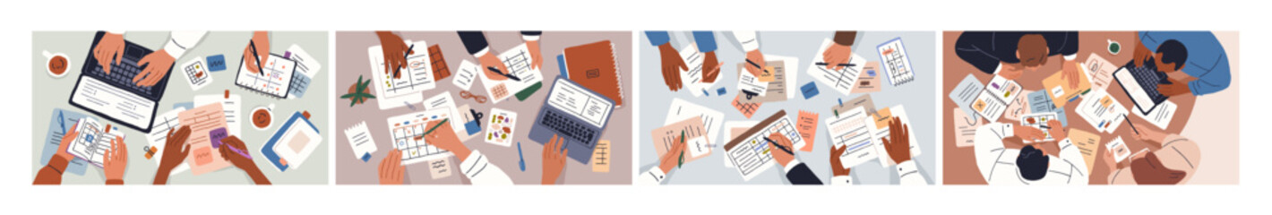Business team planning work, top above view. Professional office group, hands together at table, desk with laptop, document, calendar. Teamwork, brainstorming concept. Flat vector illustrations.