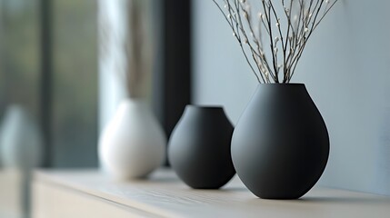 Three ceramic vases in various shades of black and white on a light colored surface.