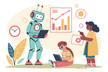 Colorful STEM Education Illustration – Kids and Adults Learning Robotics, Programming, and Data Analysis