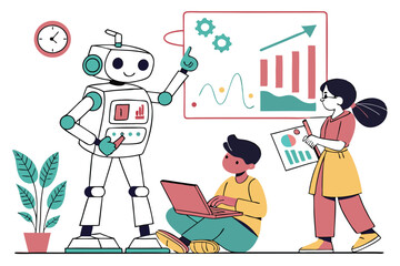 Colorful STEM Education Illustration – Kids and Adults Learning Robotics, Programming, and Data Analysis