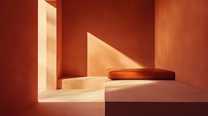 Rustic terracotta room with a low orange cushioned bench.