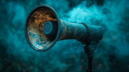 A worn megaphone stands amidst mystic blue smoke, evoking a sense of mystery and enchanting storytelling in nature