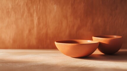 Two terracotta bowls on a light beige surface.