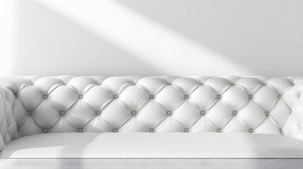 White tufted sofa against a bright wall.