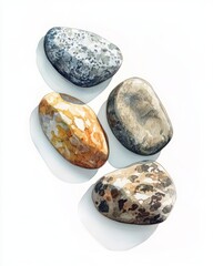 Gouache River Pebbles: Five Smooth Stones on White Background
