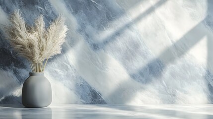 Light-filled room scene with decorative vase and pampas grass.