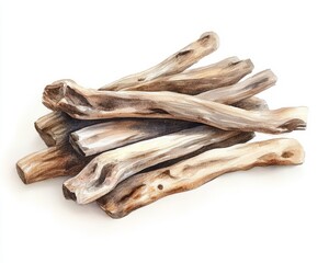 Watercolor Driftwood: Six Pieces on Clean White Surface