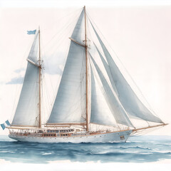 The yacht is traveling by sea. Illustration of a boat with broken sails