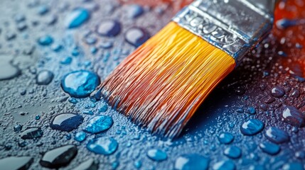 Fototapeta premium A colorful paintbrush lies on a wet surface, surrounded by glistening droplets, creating an artistic scene