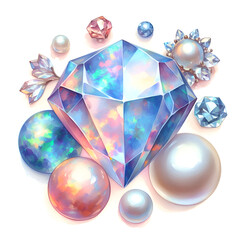 Precious stones in watercolor style. Natural minerals. Set of opal crystals and pearls