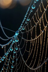 Tiny Dewdrops Clinging to Vertical Spider Silk Strands