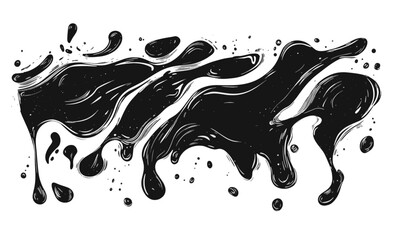 Liquid elements of water and drops on transparent background, linocut style vector, drawing, cartoon style.