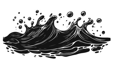 Liquid elements of water and drops on transparent background, linocut style vector, drawing, cartoon style.