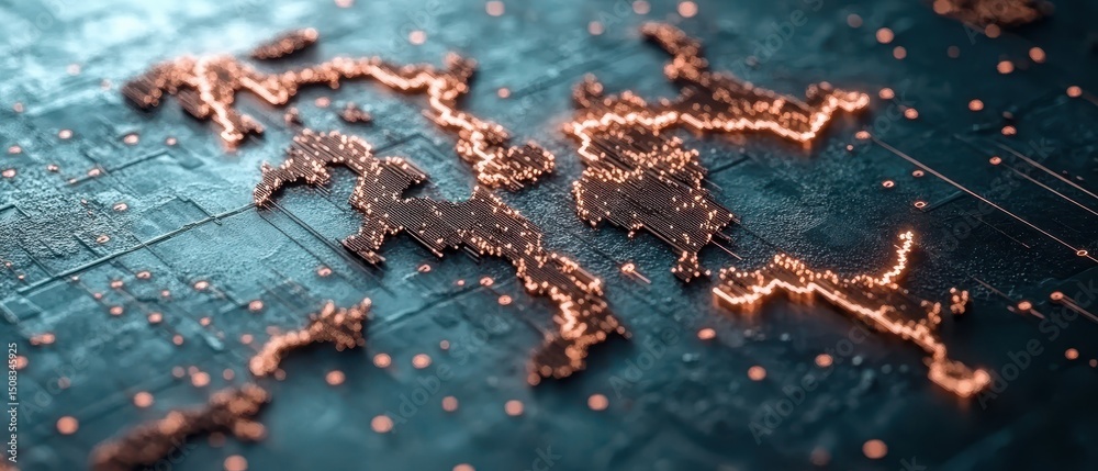 Poster abstract world map forms digital network on circuit board surface. glowing dots highlight geographic