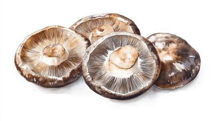 Watercolor Mushroom Caps Underside: Five Gills/Pores View