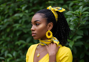 fashionable portrait of a woman wearing bold yellow dress, headwrap, and necklace
