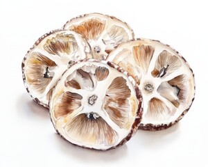 Watercolor Sliced Mushrooms: Four Cross-Sections on White