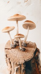 Gouache Art: Four Small Bracket Fungi on Wood Pieces, White