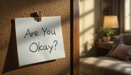 Thoughtful reminder promotes mental health awareness in a cozy indoor setting during daylight, are you okay? note