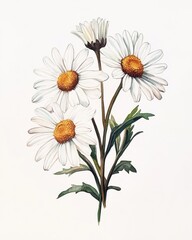 Gouache Painting: Five White Daisy Flowers on Clean White